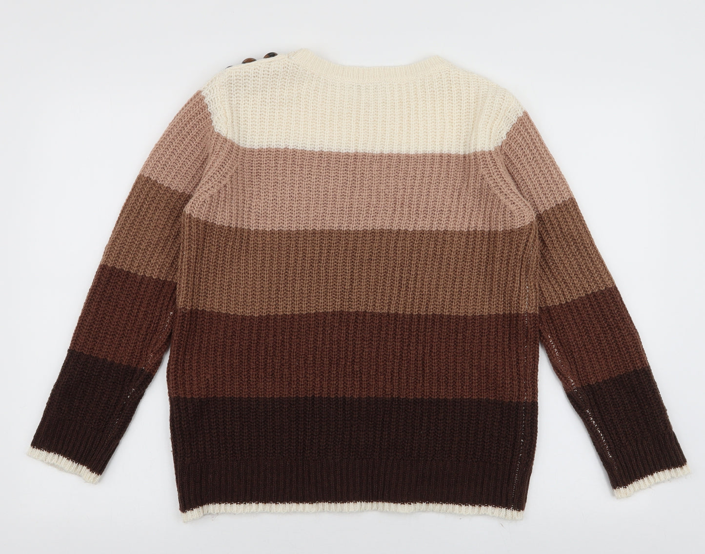 Pep & Co Womens Brown Round Neck Striped Acrylic Pullover Jumper Size S