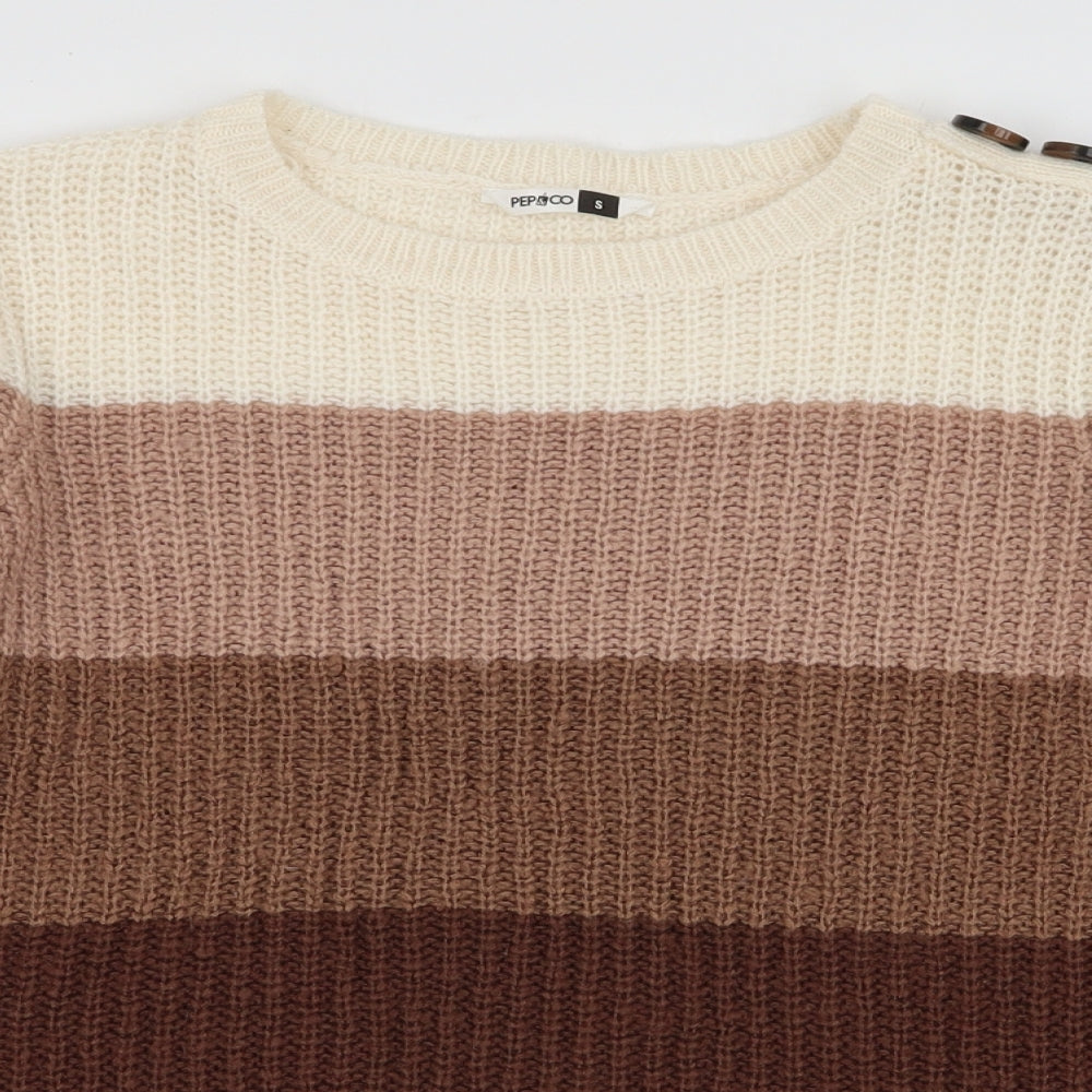 Pep & Co Womens Brown Round Neck Striped Acrylic Pullover Jumper Size S