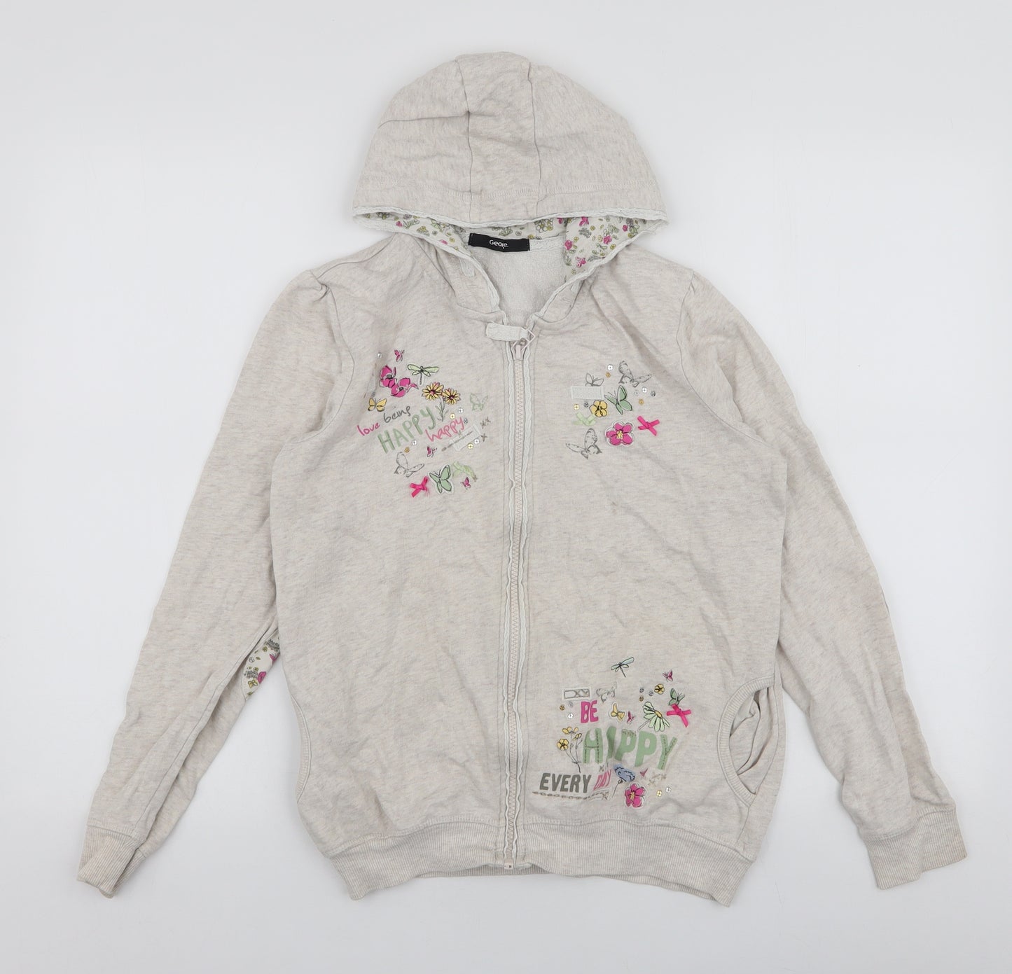 George Girls Beige Floral Cotton Full Zip Hoodie Size 12-13 Years  Zip