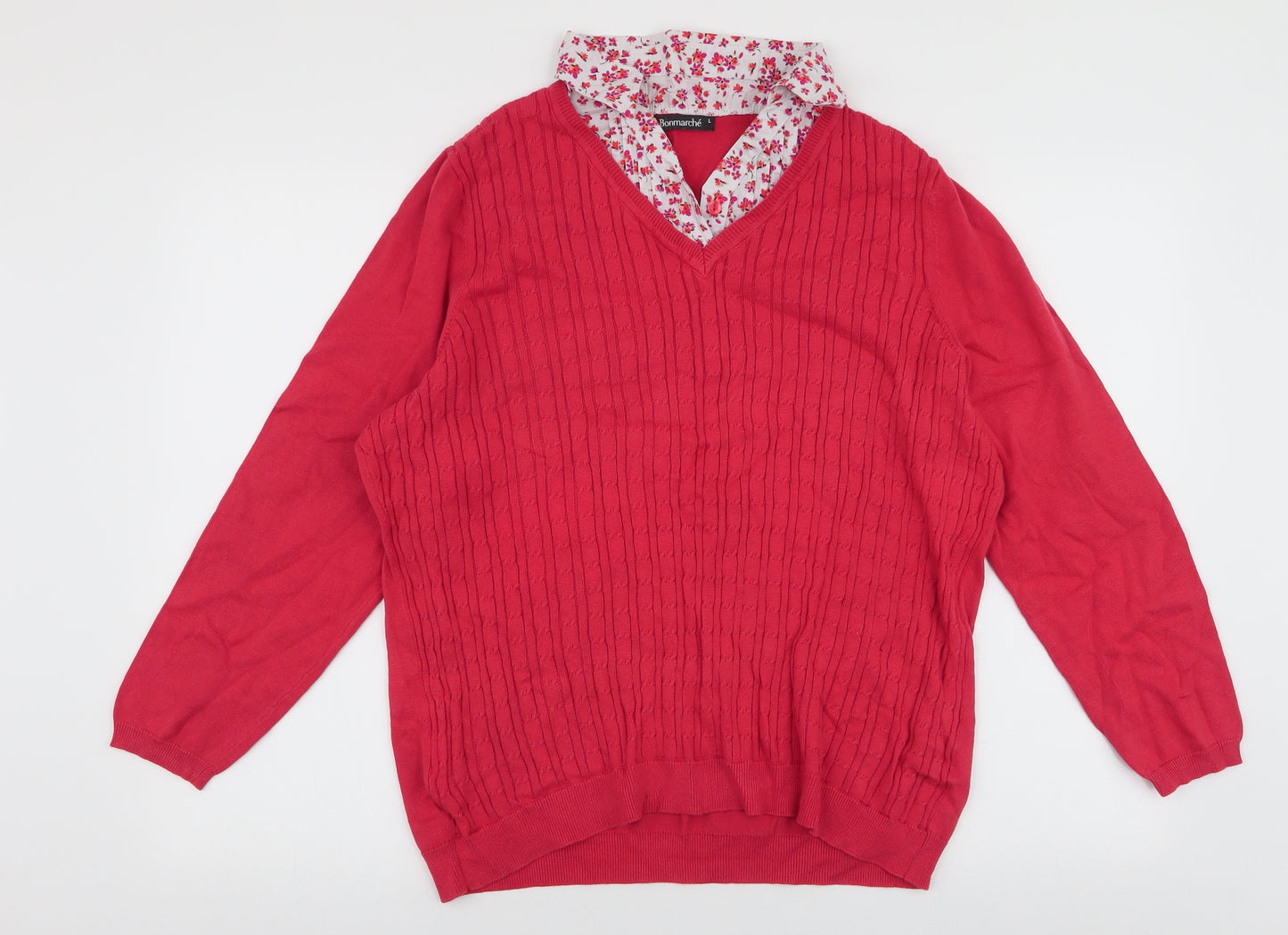 Bonmarche  Womens Red V-Neck  100% Cotton Pullover Jumper Size L
