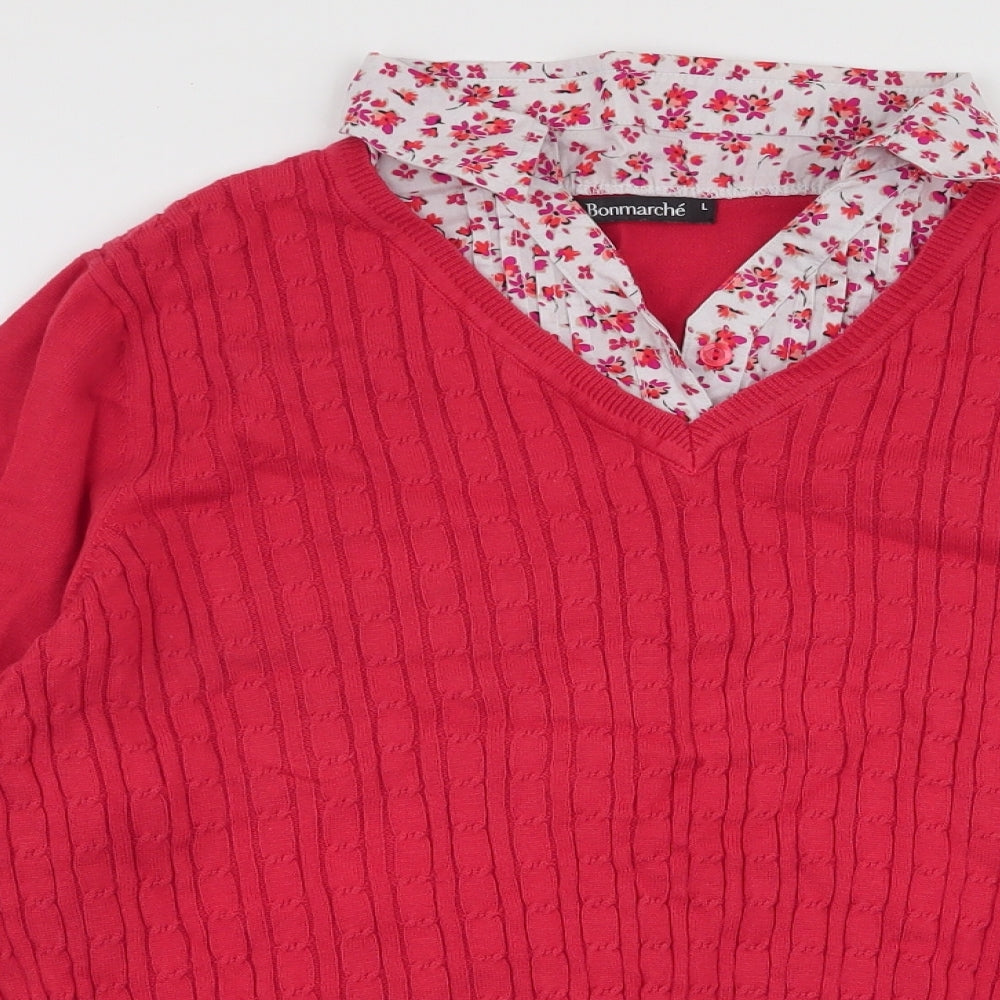 Bonmarche  Womens Red V-Neck  100% Cotton Pullover Jumper Size L