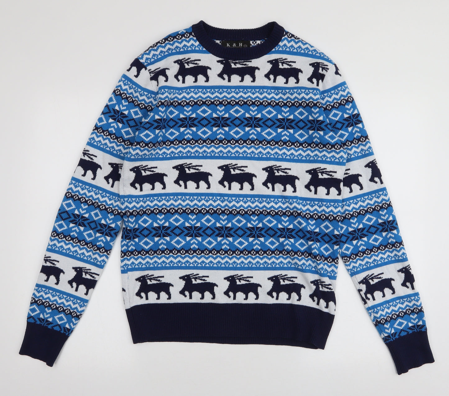K & H Mens Multicoloured Round Neck Fair Isle Cashmere Pullover Jumper Size 2XL   - Reindeer Christmas
