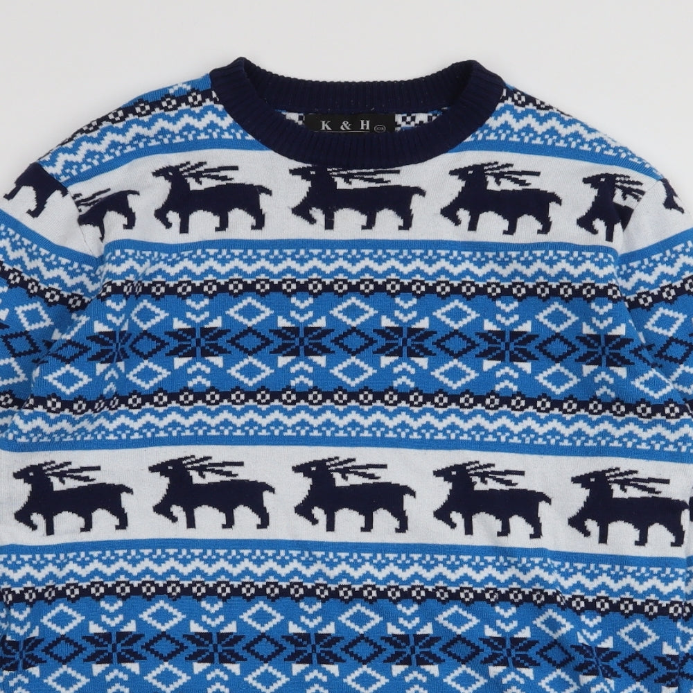K & H Mens Multicoloured Round Neck Fair Isle Cashmere Pullover Jumper Size 2XL   - Reindeer Christmas