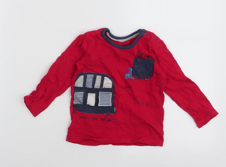 George Boys Red 100% Cotton Jersey T-Shirt Size 9-12 Months Round Neck Snap - Bus