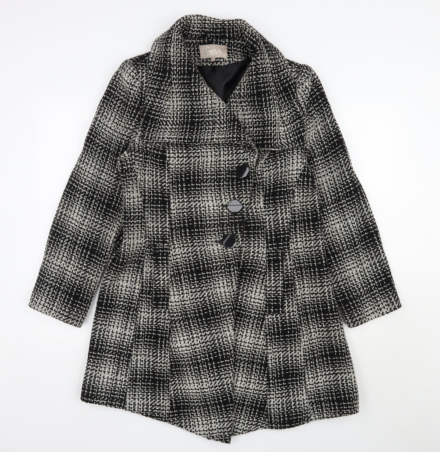Soon Womens Black Geometric  Pea Coat Coat Size 16  Button