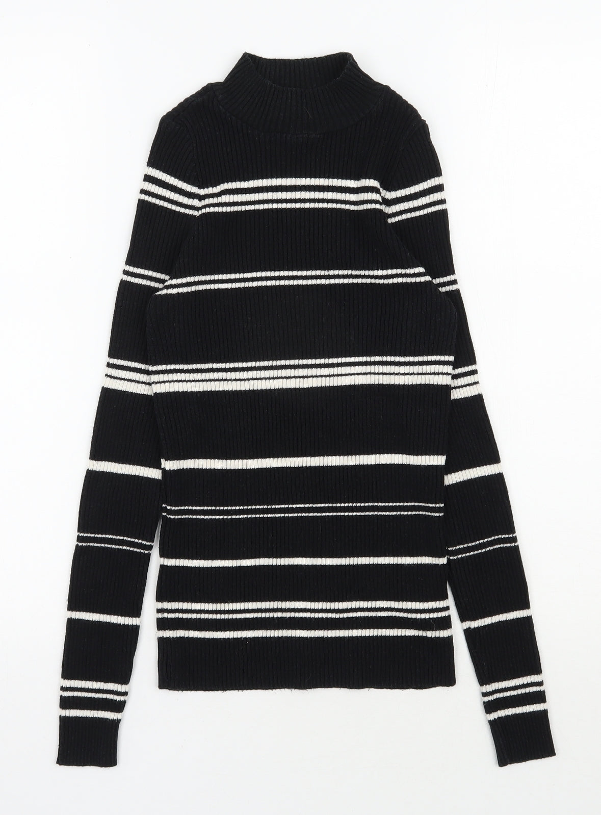F&F Womens Black High Neck Striped Cotton Pullover Jumper Size 6