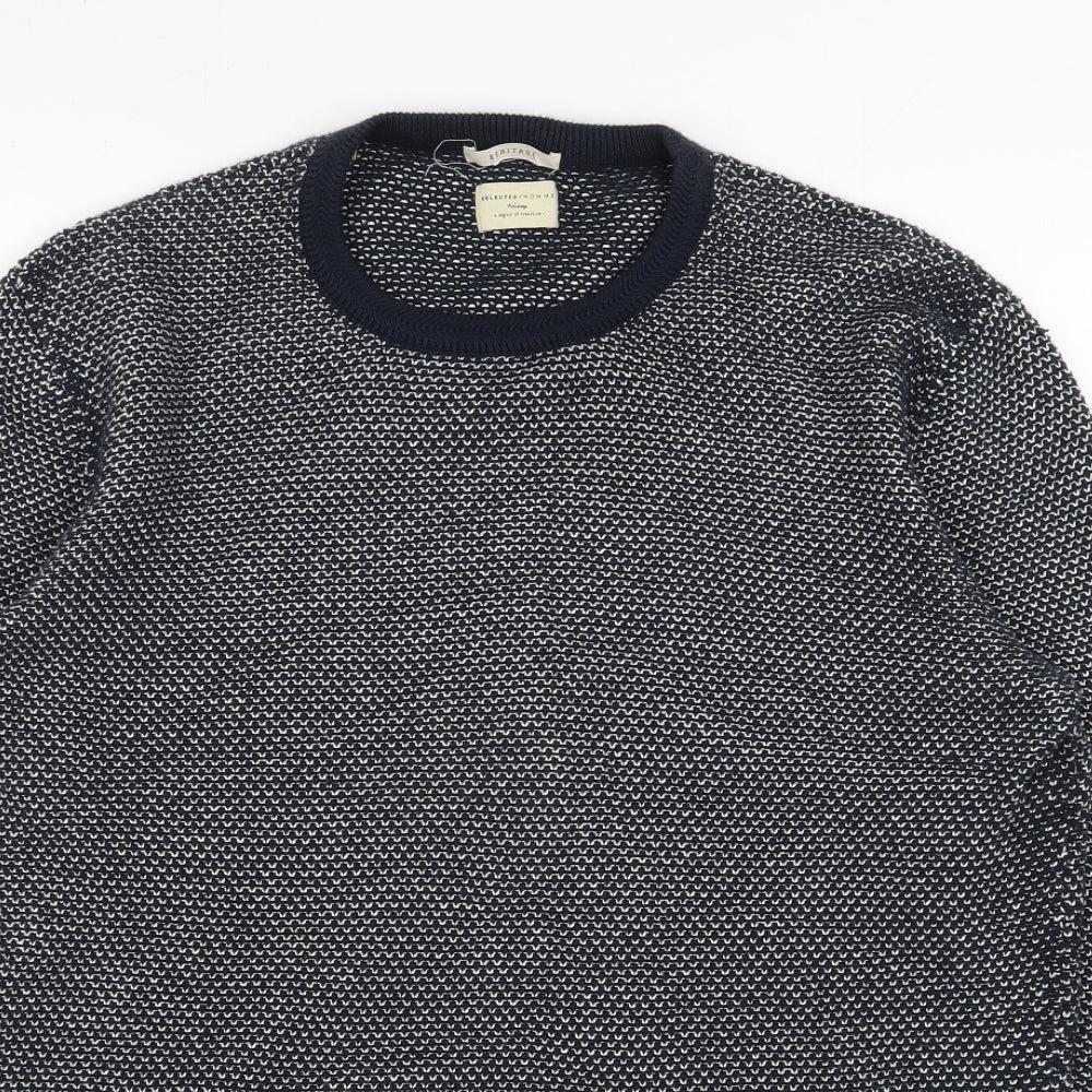 Selected Homme Mens Blue Round Neck  Cotton Pullover Jumper Size XL