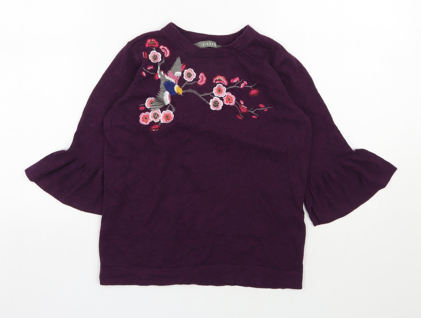Oasis Womens Purple Round Neck Floral Cotton Pullover Jumper Size XS