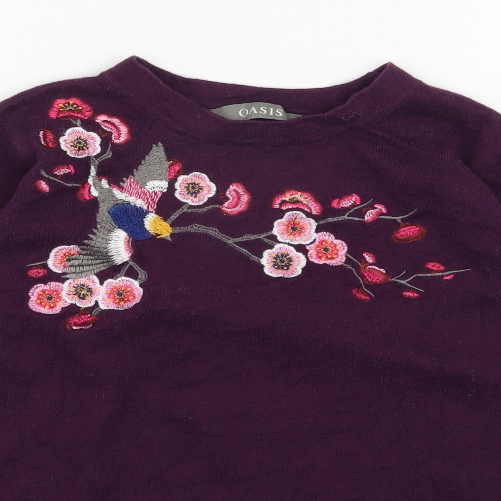 Oasis Womens Purple Round Neck Floral Cotton Pullover Jumper Size XS
