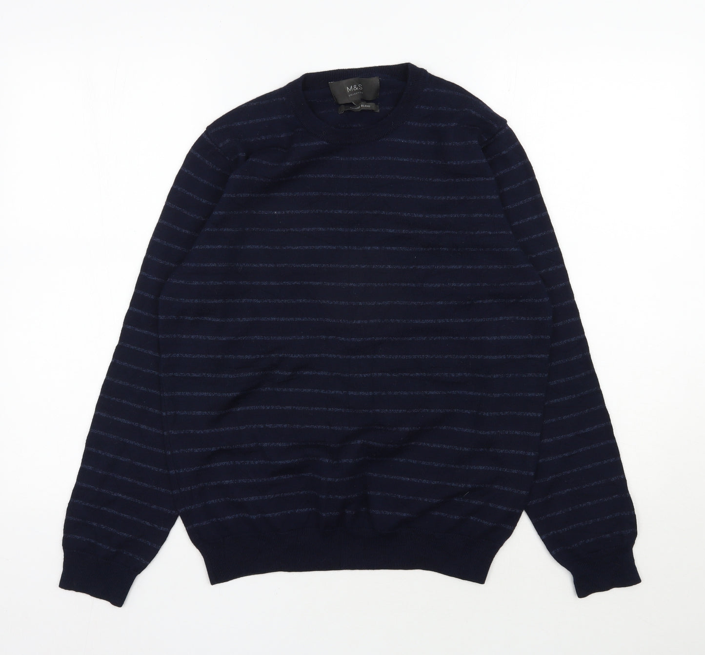 Marks and Spencer Mens Blue Round Neck Striped Acrylic Pullover Jumper Size L