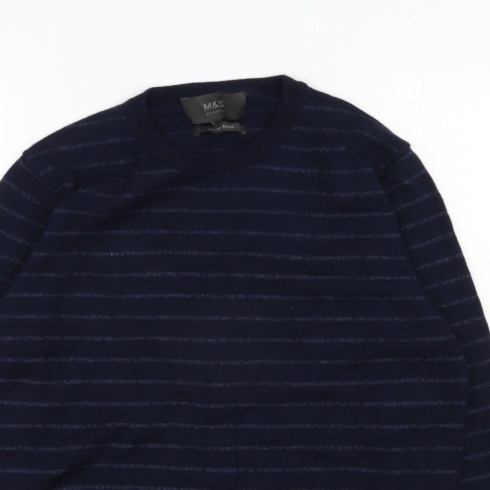 Marks and Spencer Mens Blue Round Neck Striped Acrylic Pullover Jumper Size L