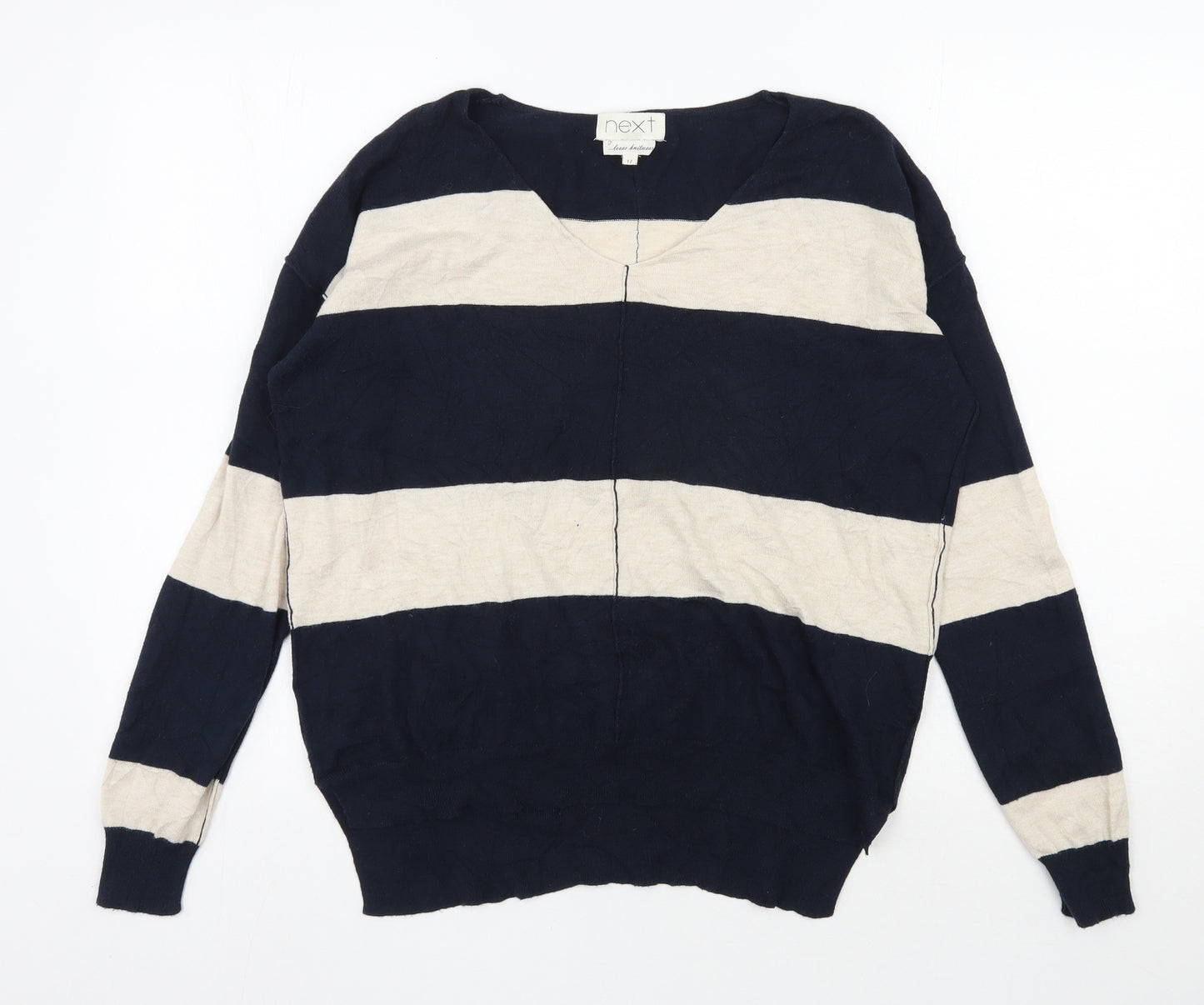 NEXT Womens Blue V-Neck Striped Cotton Pullover Jumper Size 12