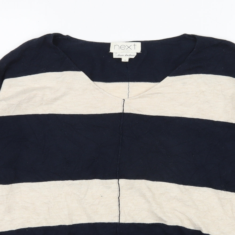 NEXT Womens Blue V-Neck Striped Cotton Pullover Jumper Size 12
