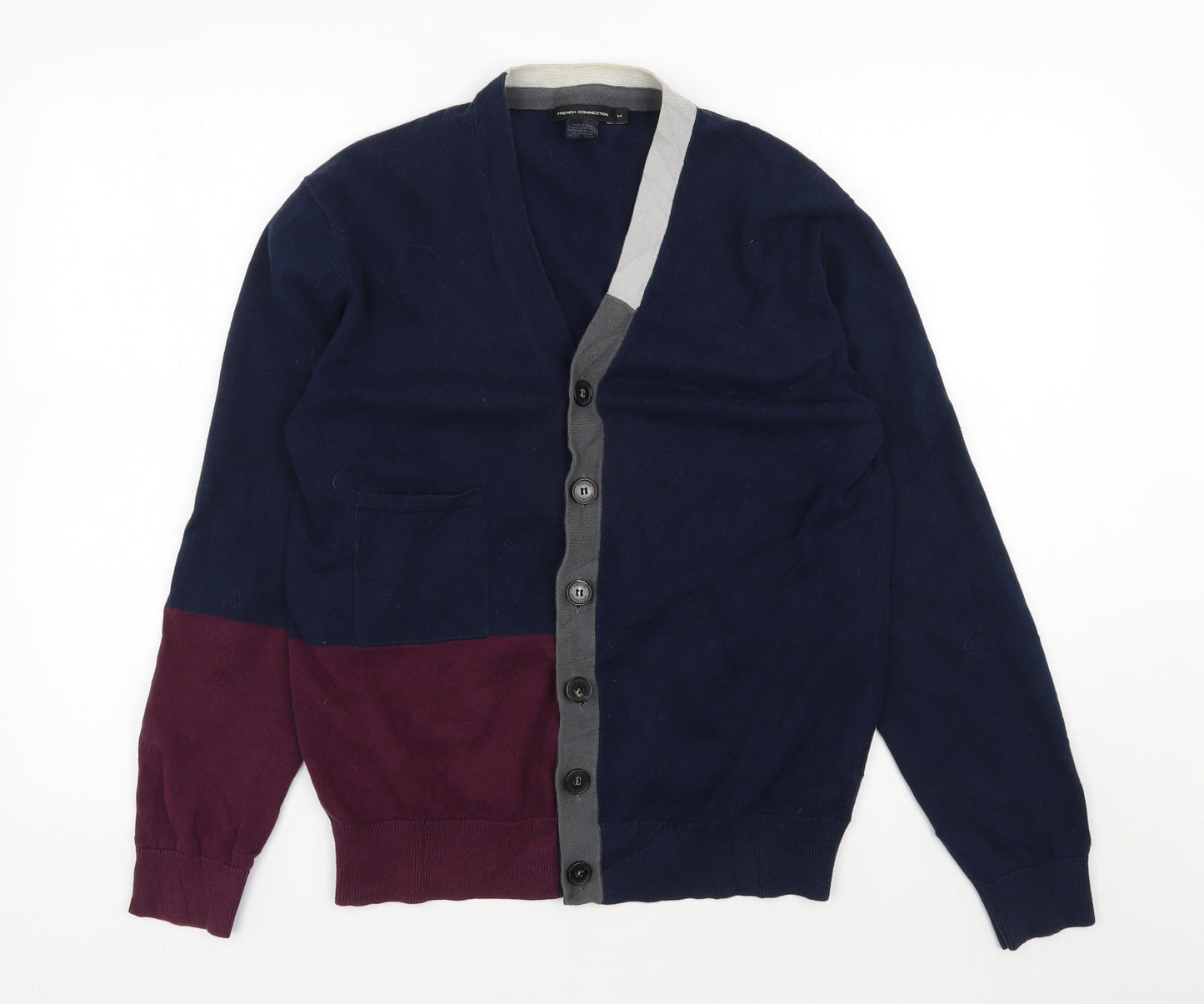 French Connection Mens Blue V-Neck  Cotton Cardigan Jumper Size M