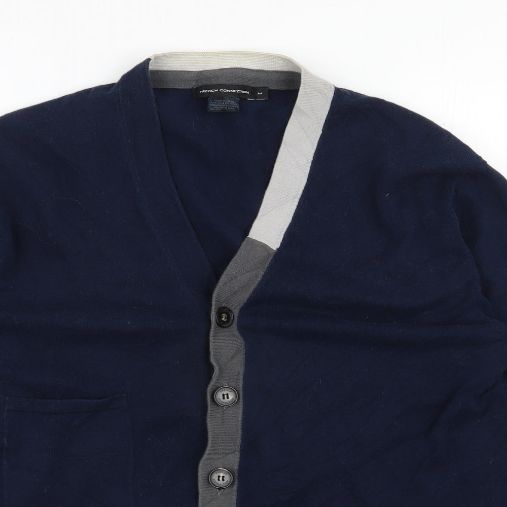 French Connection Mens Blue V-Neck  Cotton Cardigan Jumper Size M