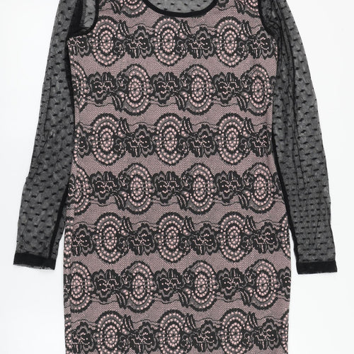 Yest Womens Black Geometric Polyester Pencil Dress  Size 8  Round Neck Pullover - Mesh sleeves