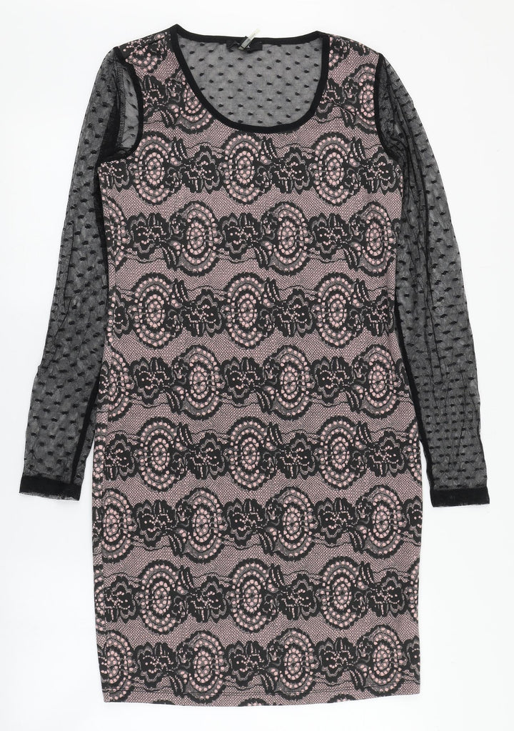 Yest Womens Black Geometric Polyester Pencil Dress  Size 8  Round Neck Pullover - Mesh sleeves
