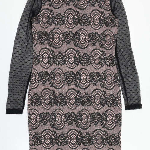 Yest Womens Black Geometric Polyester Pencil Dress  Size 8  Round Neck Pullover - Mesh sleeves