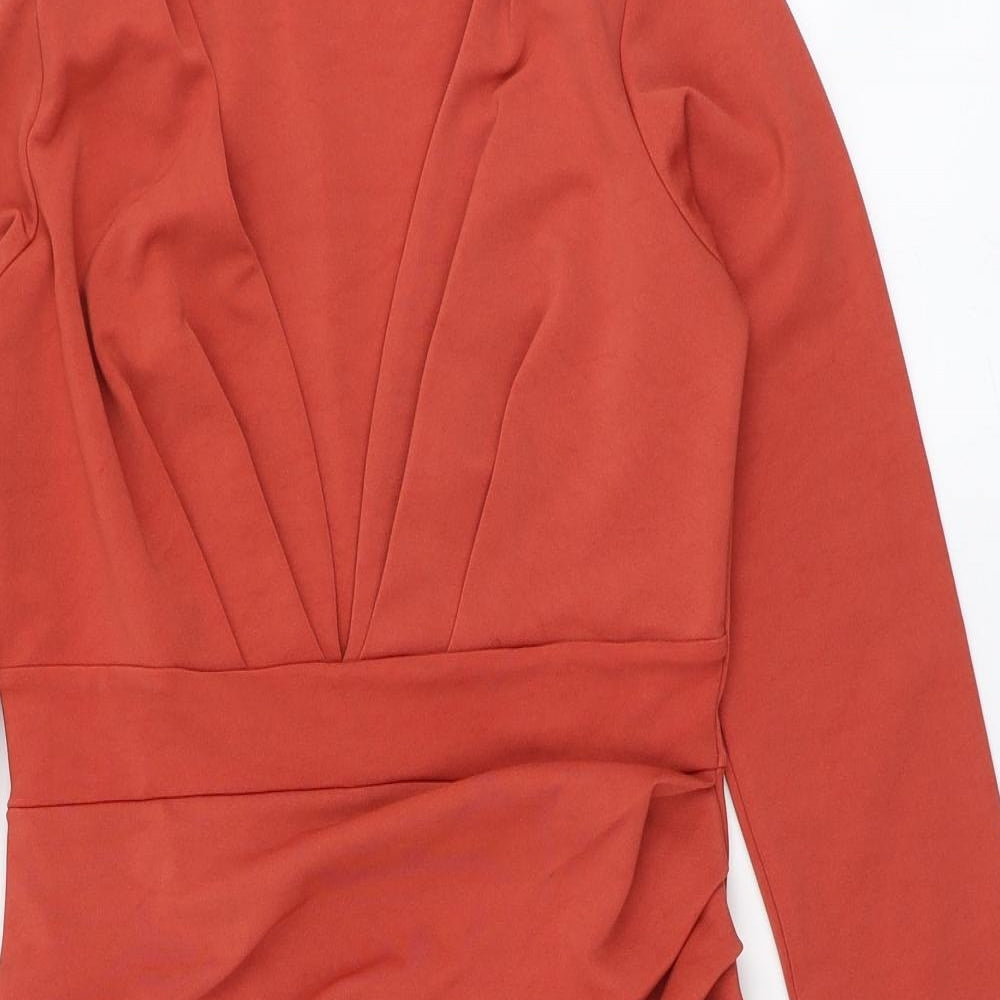 Boohoo Womens Orange  Polyester Bodycon  Size 12  V-Neck Pullover - Pleated front