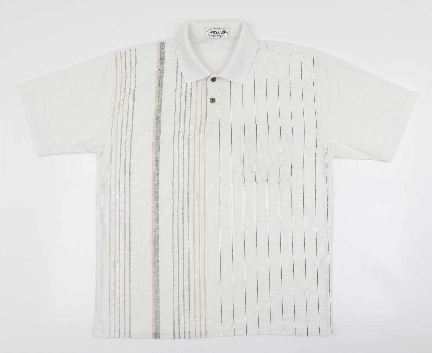 Vicky Lee Mens Ivory Striped Cotton  Button-Up Size L Collared Button