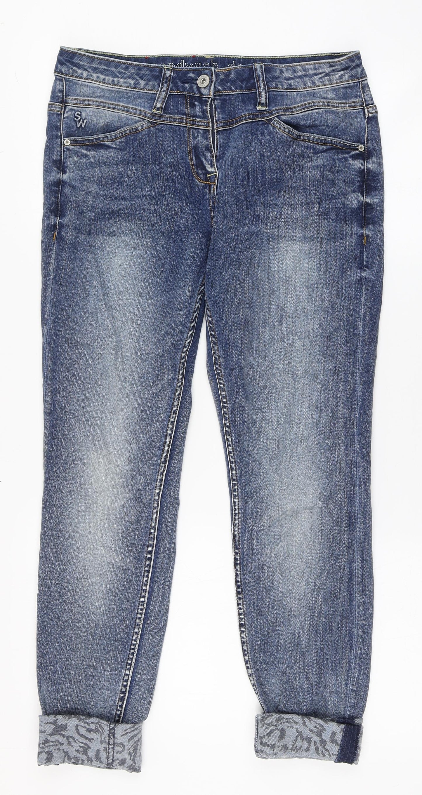 Sandwich Womens Blue Animal Print Cotton Straight Jeans Size 12 L25 in Slim Zip - Yellow stitching