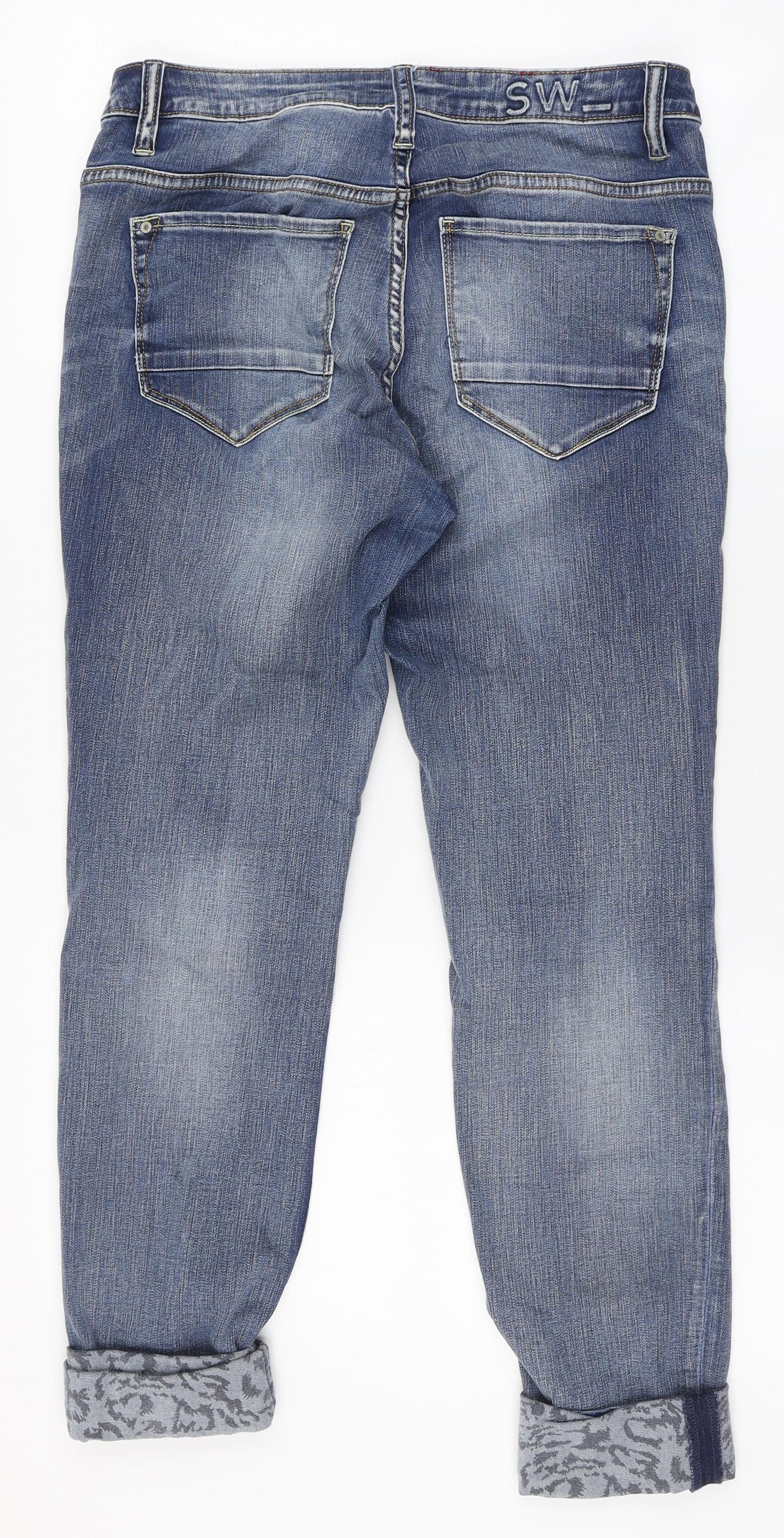 Sandwich Womens Blue Animal Print Cotton Straight Jeans Size 12 L25 in Slim Zip - Yellow stitching