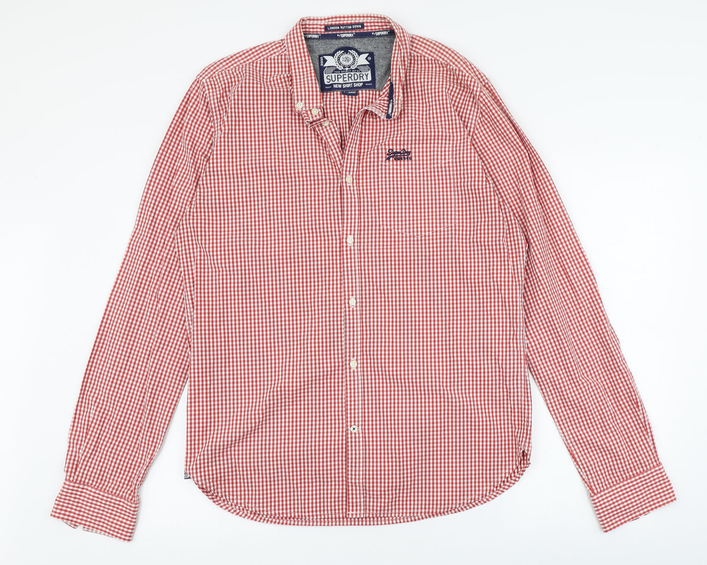 Superdry Mens Red Plaid Cotton  Button-Up Size XL Collared Button