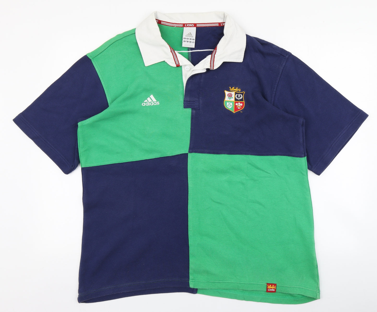 adidas Mens Green Colourblock Cotton Pullover Polo Size L Collared Button - Rugby Lions