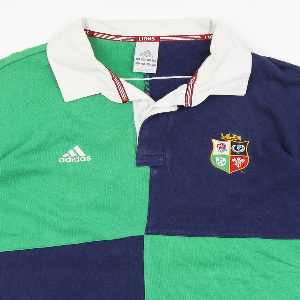 adidas Mens Green Colourblock Cotton Pullover Polo Size L Collared Button - Rugby Lions