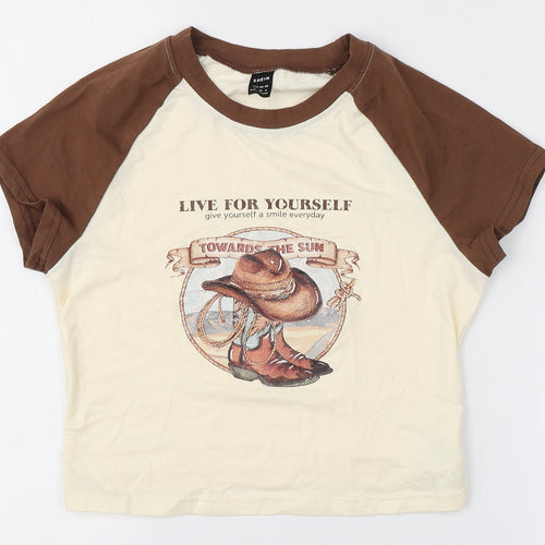 SheIn Womens Brown  Cotton Cropped T-Shirt Size 10 Round Neck - Wild west print Cowboy