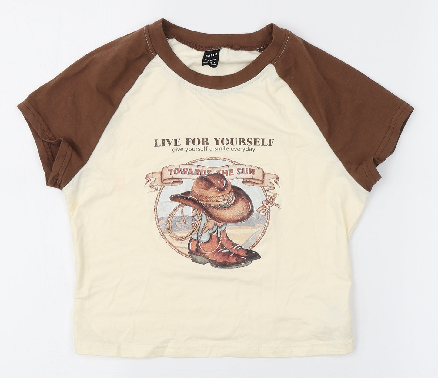SheIn Womens Brown  Cotton Cropped T-Shirt Size 10 Round Neck - Wild west print Cowboy