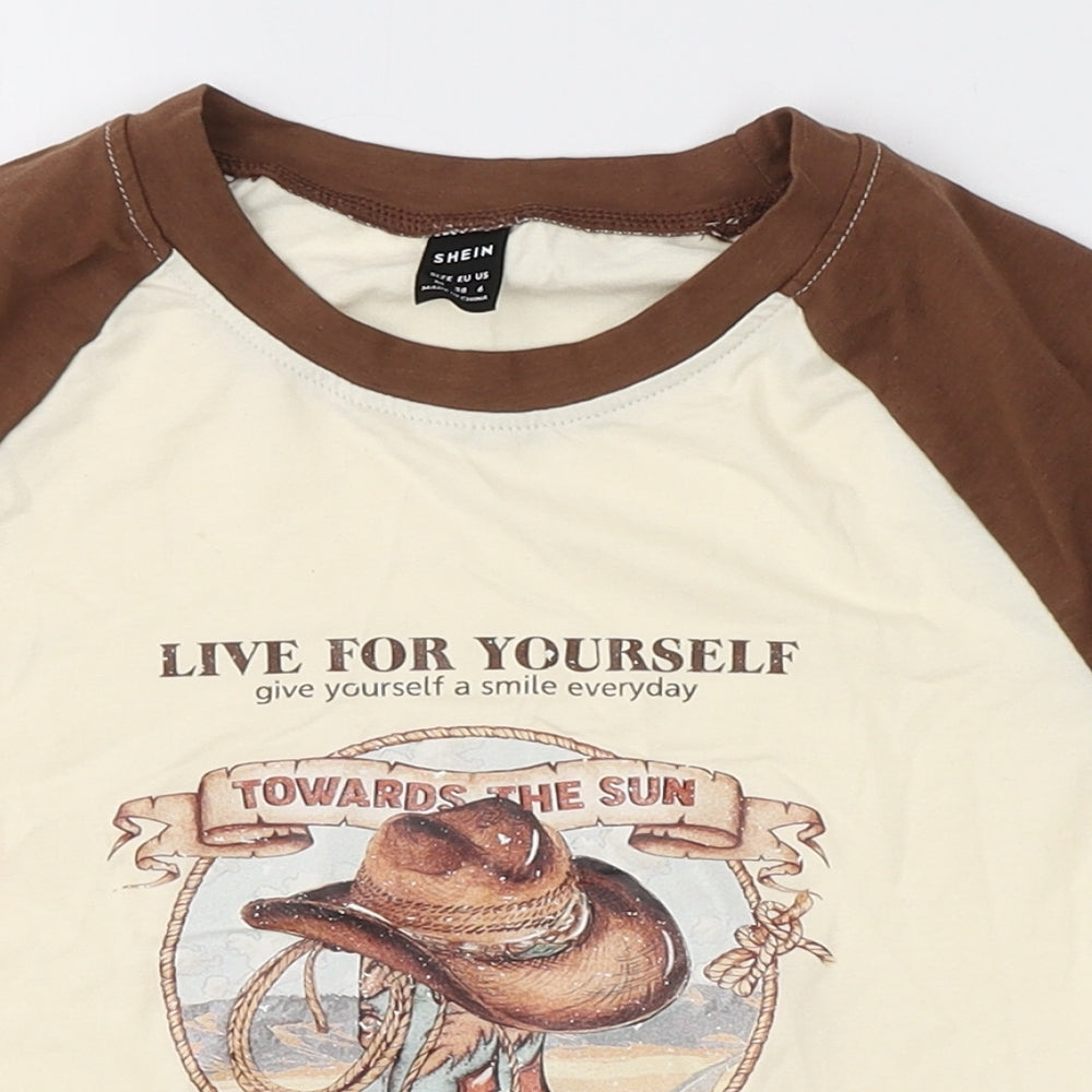 SheIn Womens Brown  Cotton Cropped T-Shirt Size 10 Round Neck - Wild west print Cowboy