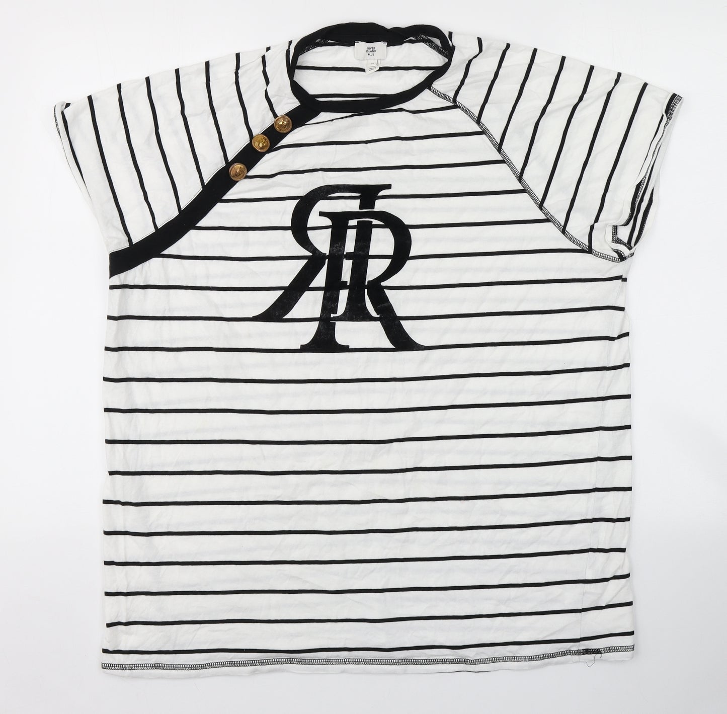 River Island Womens White Striped Polyester Basic T-Shirt Size 20 Round Neck - Gold button detail