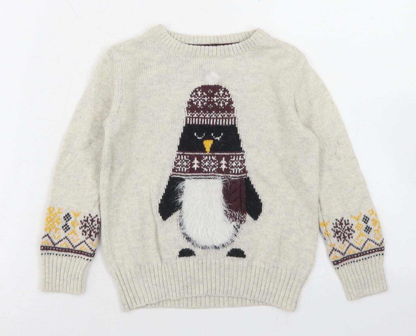 TU Boys Beige  Cotton Pullover Jumper Size 18-24 Months   - Penguin Christmas