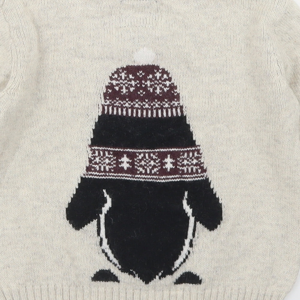 TU Boys Beige  Cotton Pullover Jumper Size 18-24 Months   - Penguin Christmas