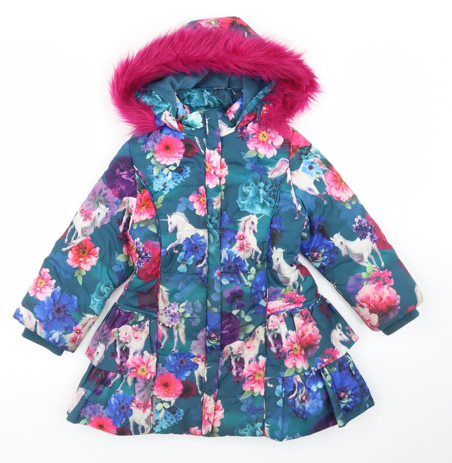 Monsoon Girls Blue Floral  Parka Coat Size 5-6 Years  Zip