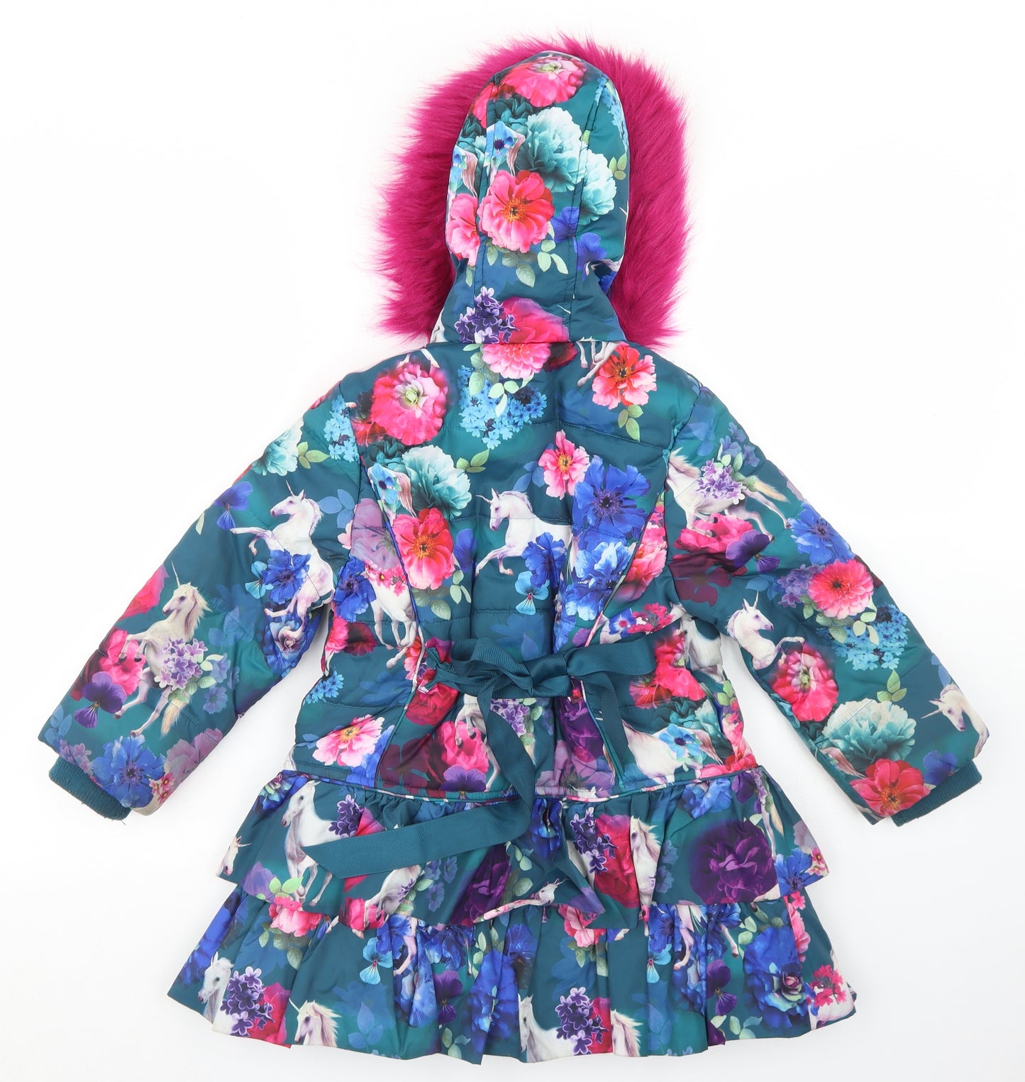 Monsoon Girls Blue Floral  Parka Coat Size 5-6 Years  Zip