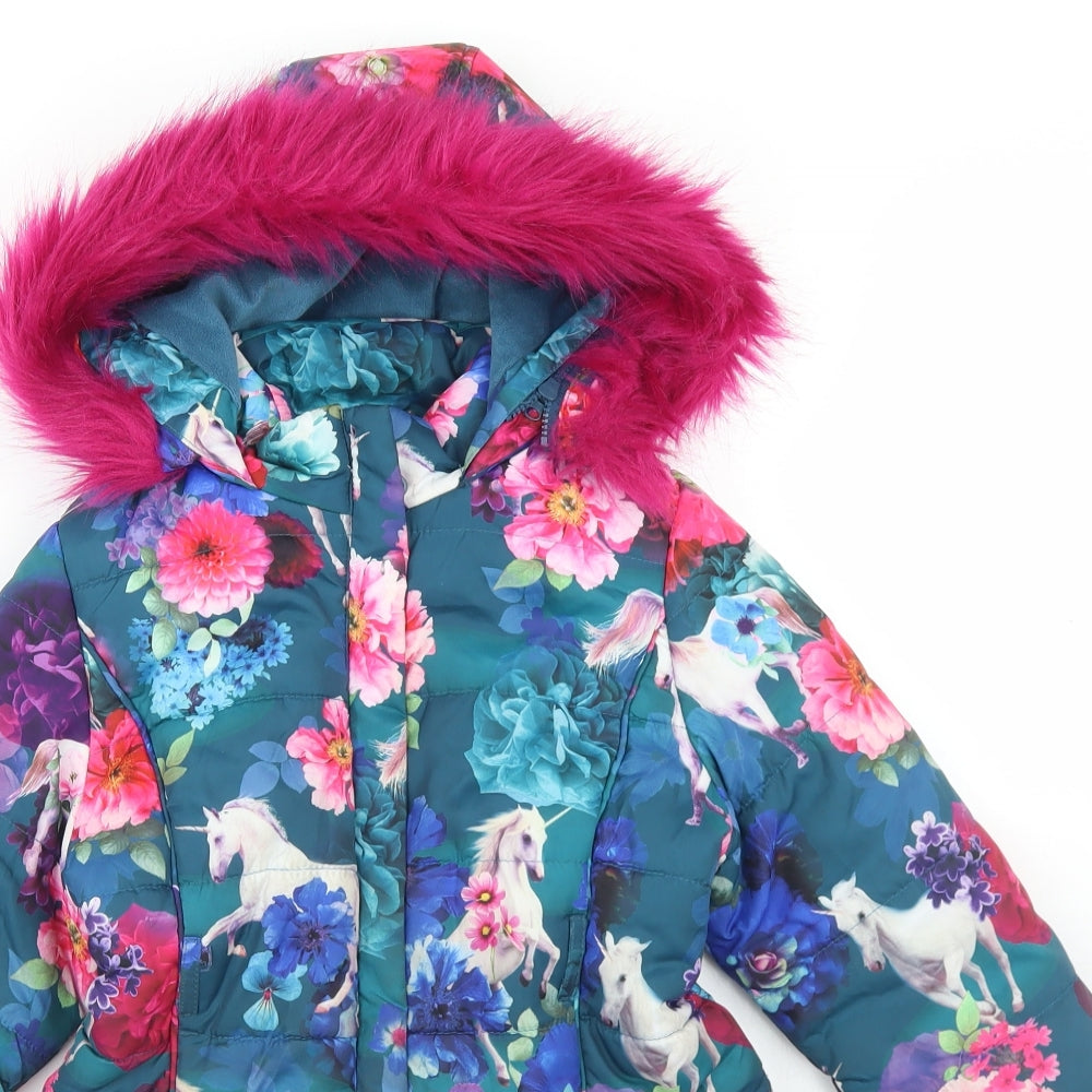 Monsoon Girls Blue Floral  Parka Coat Size 5-6 Years  Zip