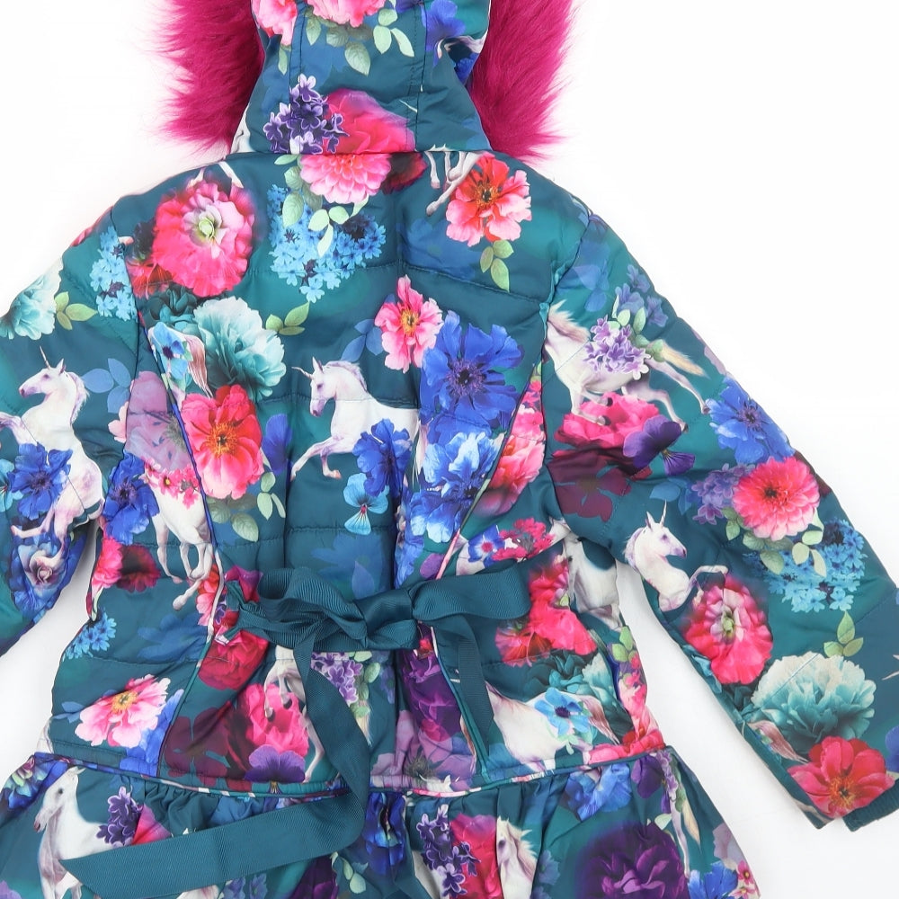 Monsoon Girls Blue Floral  Parka Coat Size 5-6 Years  Zip