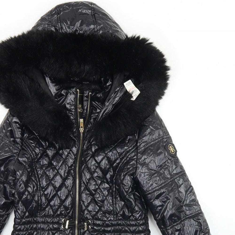 River Island Girls Black Argyle/Diamond  Parka Coat Size 9-10 Years  Zip