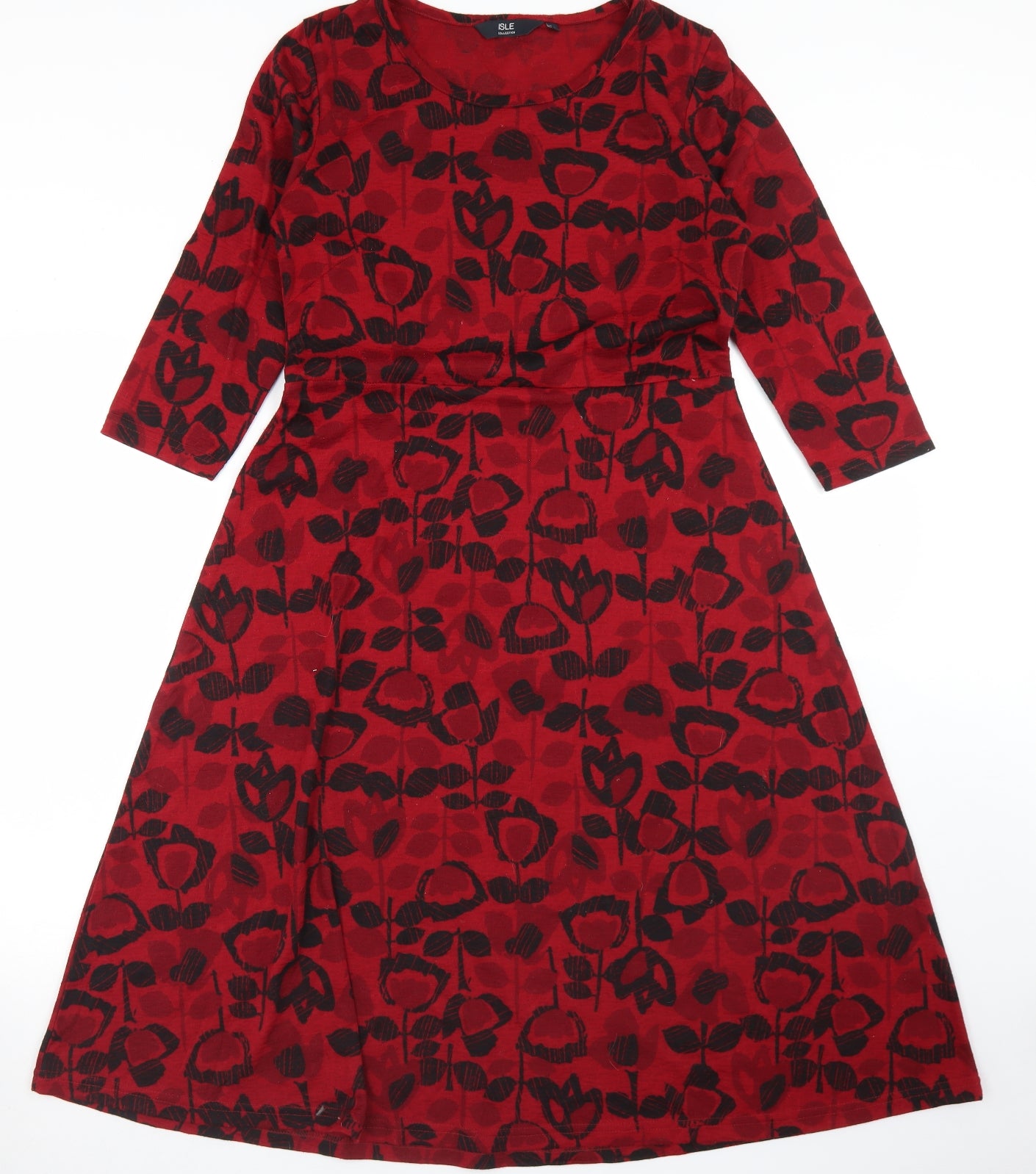 Isle Womens Red Floral Polyester Fit & Flare  Size 12  Round Neck