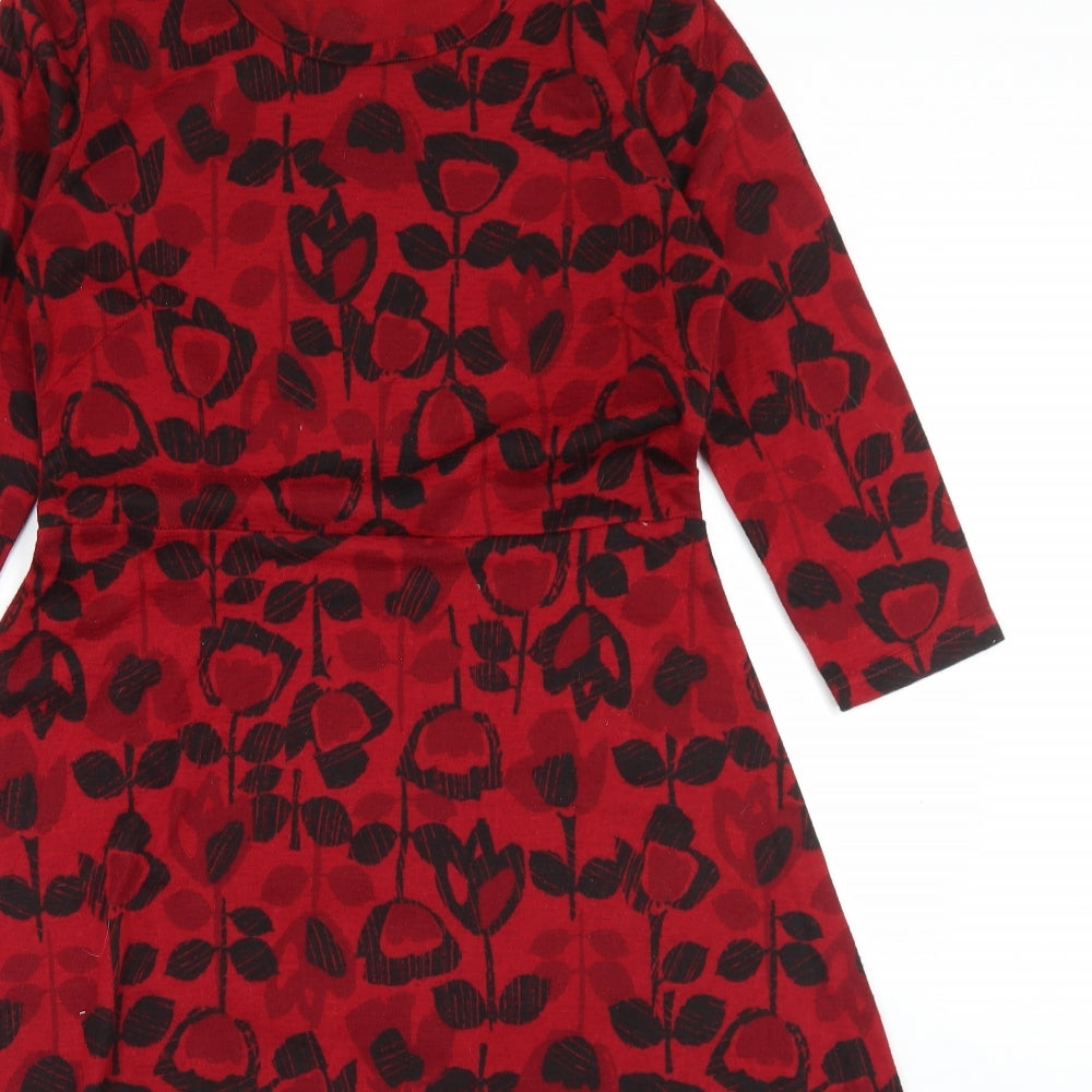 Isle Womens Red Floral Polyester Fit & Flare  Size 12  Round Neck