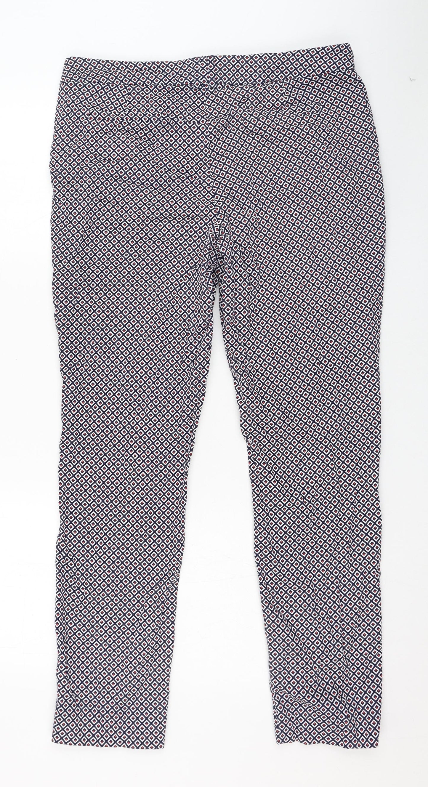 Dunnes Stores Womens Blue Geometric Cotton Carrot Trousers Size 14 L28 in Regular Zip