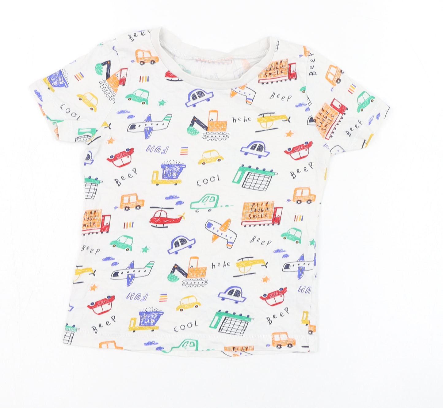 George Boys Ivory  Cotton Basic T-Shirt Size 3-4 Years Round Neck Pullover - Car