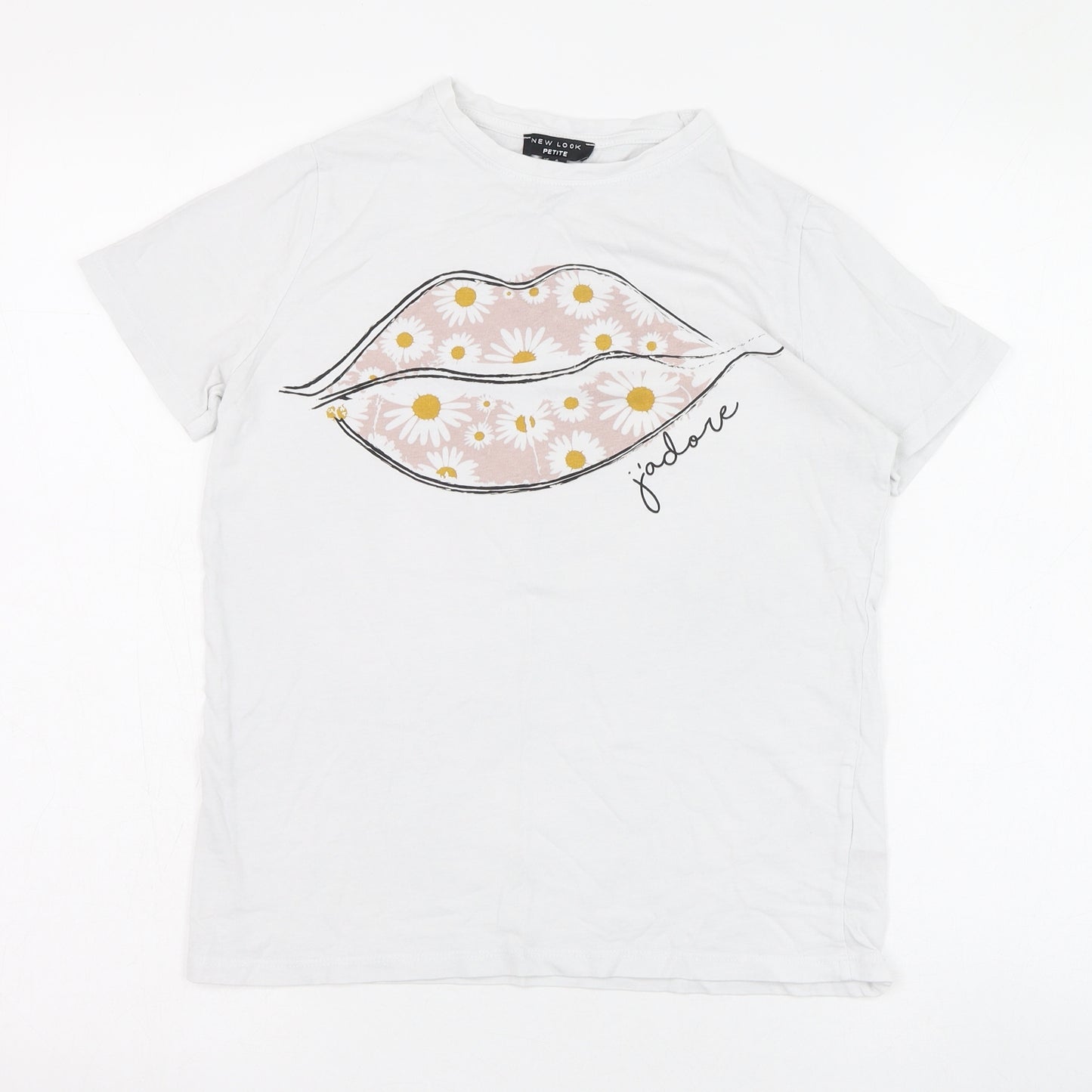 New Look Womens White  Cotton Basic T-Shirt Size 6 Round Neck - Lips