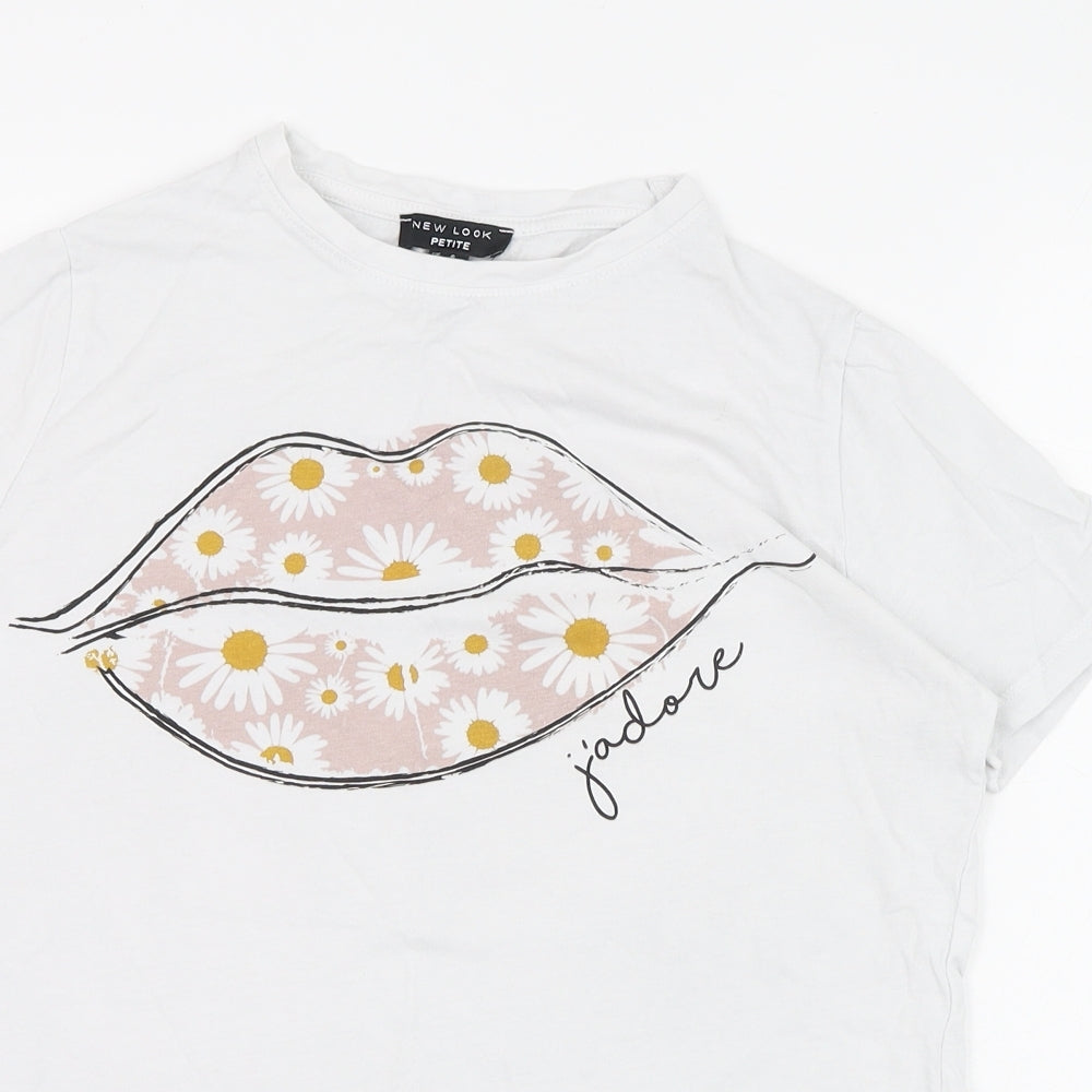 New Look Womens White  Cotton Basic T-Shirt Size 6 Round Neck - Lips