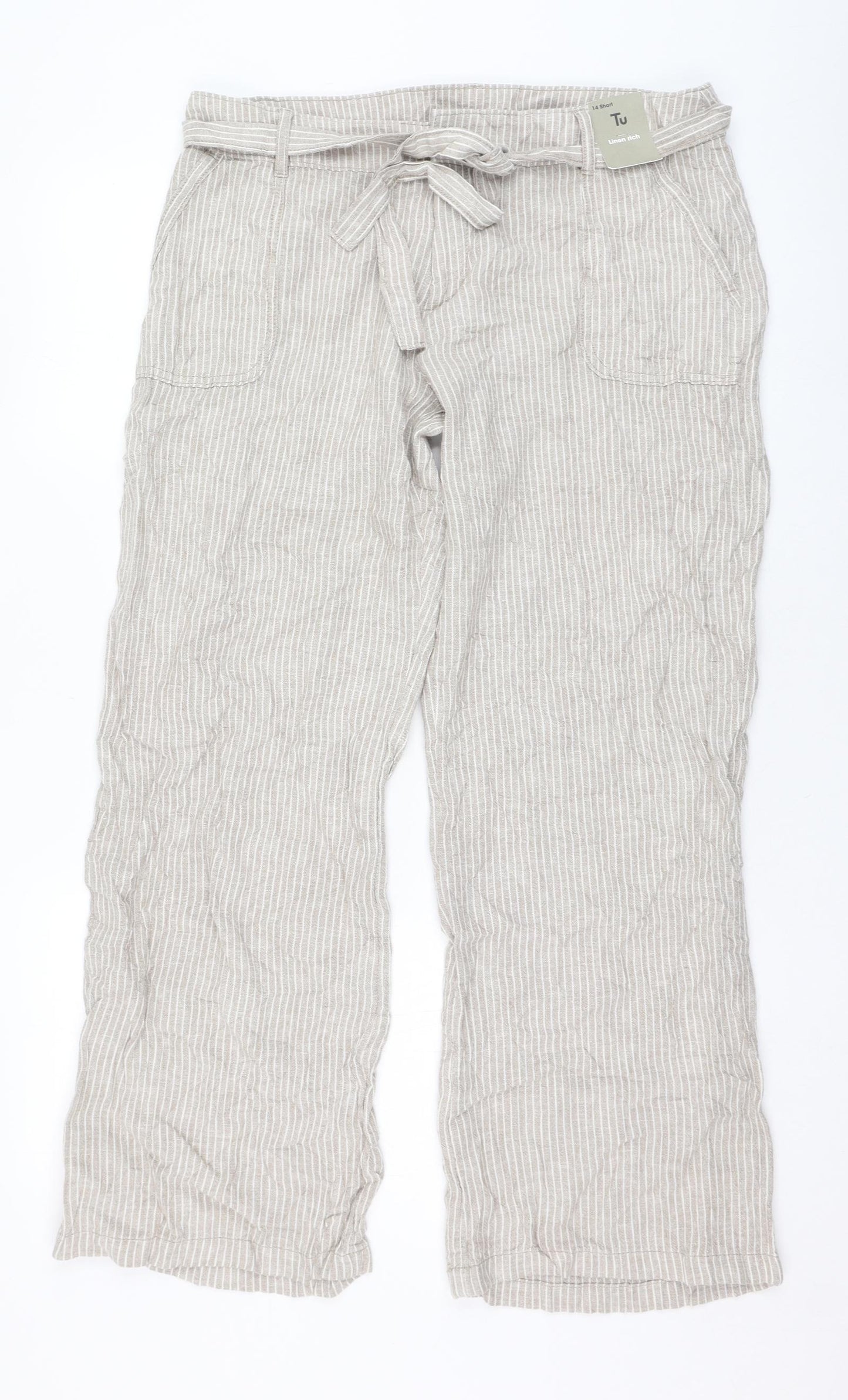 TU Womens Beige Striped Linen Trousers  Size 14 L28 in Regular Zip
