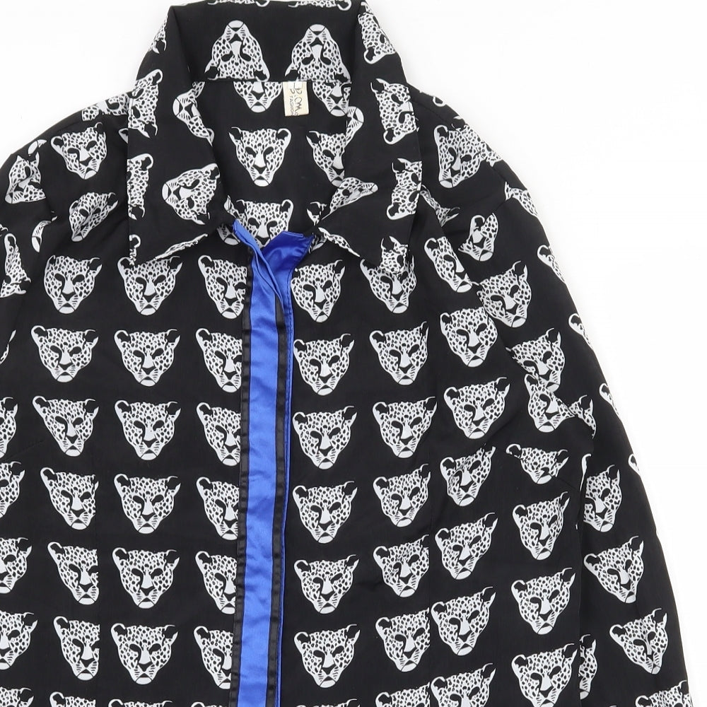 Yi meng yuan Womens Black Animal Print Polyester Basic Button-Up Size L Collared