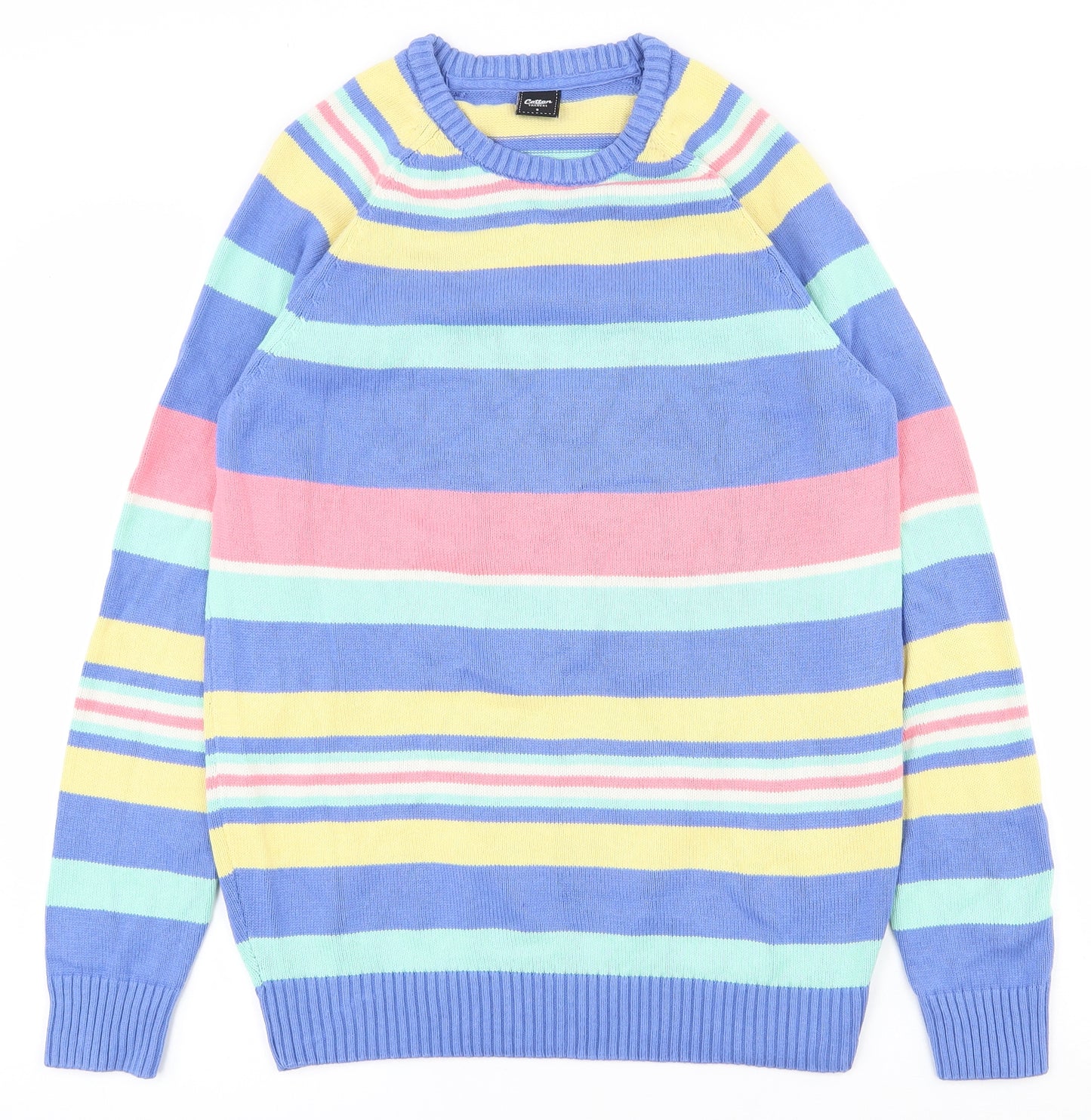 Cotton Traders Mens Multicoloured Crew Neck Striped Cotton Pullover Jumper Size S