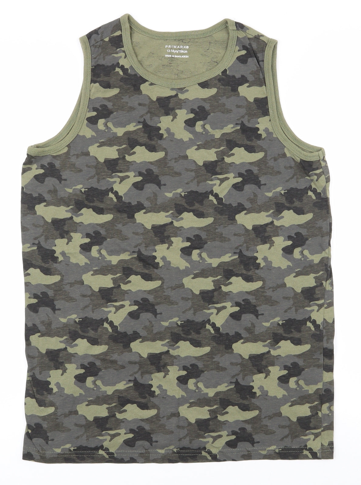 Primark Boys Green Camouflage 100% Cotton Basic Tank Size 13-14 Years Round Neck Pullover